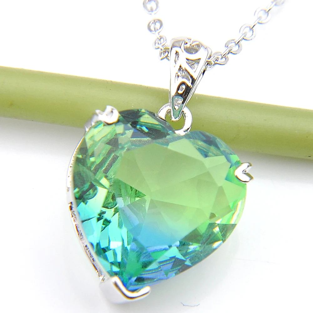 Luckyshine Heart Bi colored Tourmaline Blue Stone Silver Wedding Russia USA Australia Pendants for Necklaces