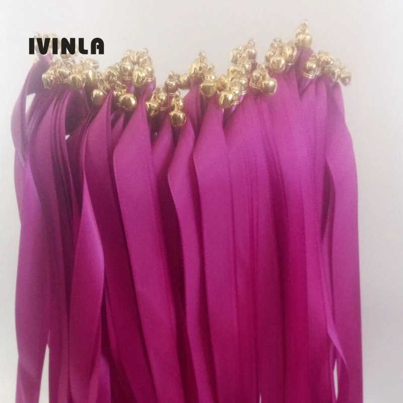 Newest 50pcs/lot Fushia wedding ribbon wands sticks with gold bell for wedding decoration