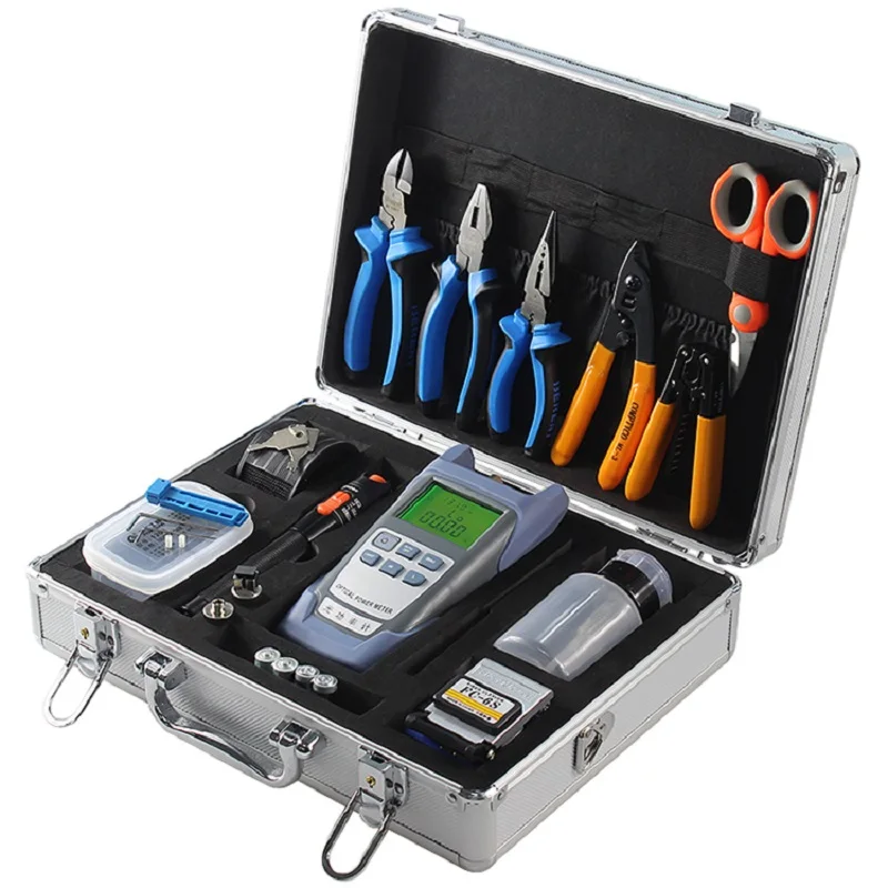 

22PCS Fiber Optic FTTH Toolbox Kit with FC-6S Fiber Optic Cleaver and Optical Power Meter 10Mw Visual Fault Locator Engineering