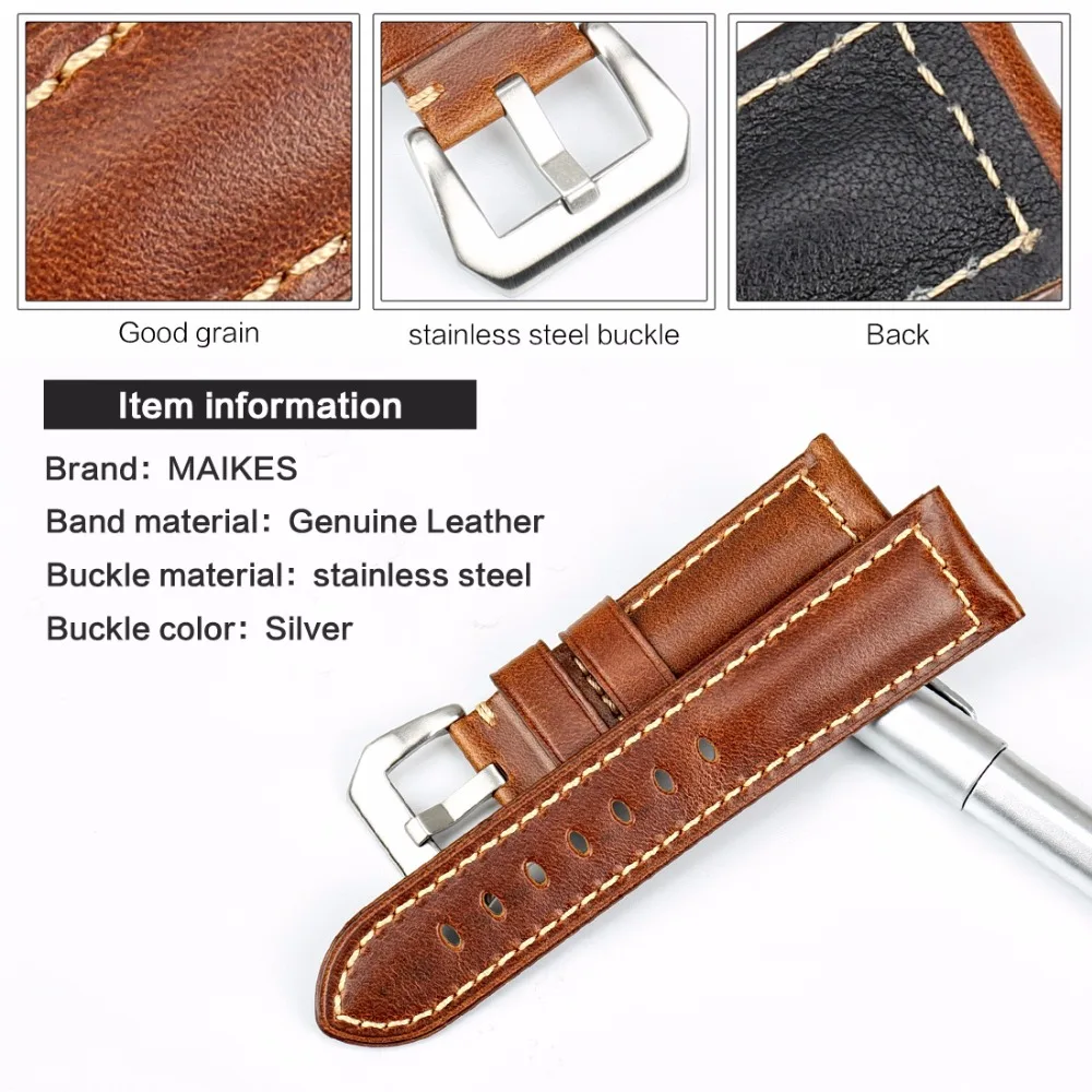 MAIKES High Quality Watchband Brown Vintage Oil Wax Leather Strap Watch Band 20mm 22mm 24mm 26mm Watch Accessories For Panerai