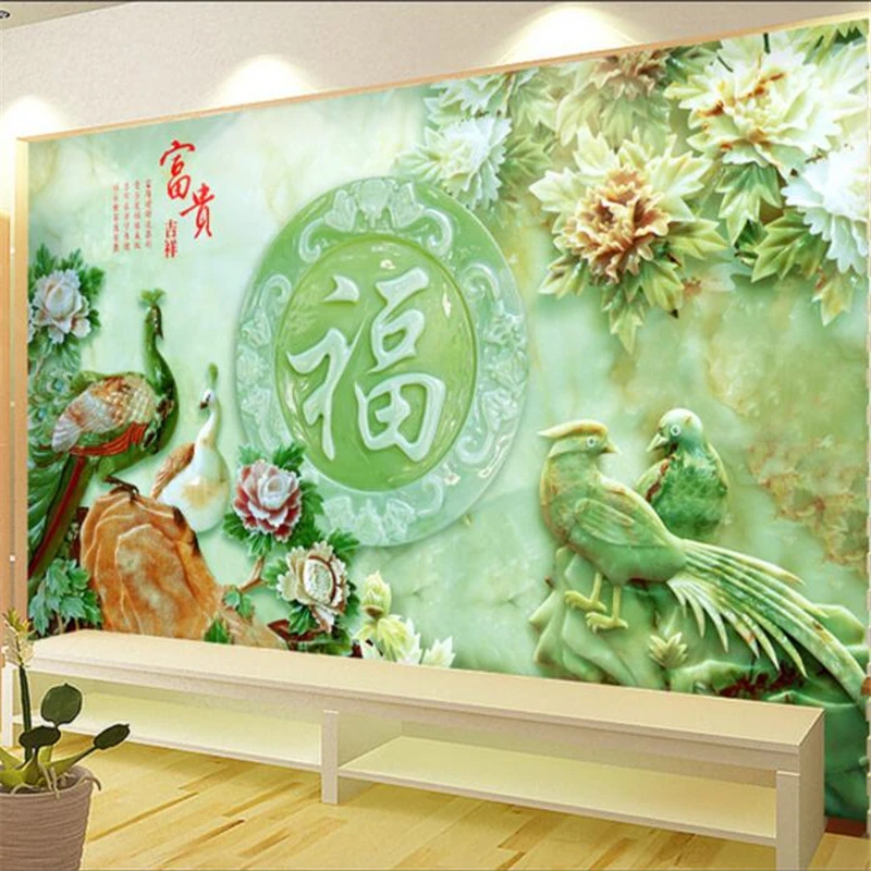 

wellyu papel de parede Custom wallpaper Chinese Jade carving Peony Peacock mandarin duck TV background wall papel parede