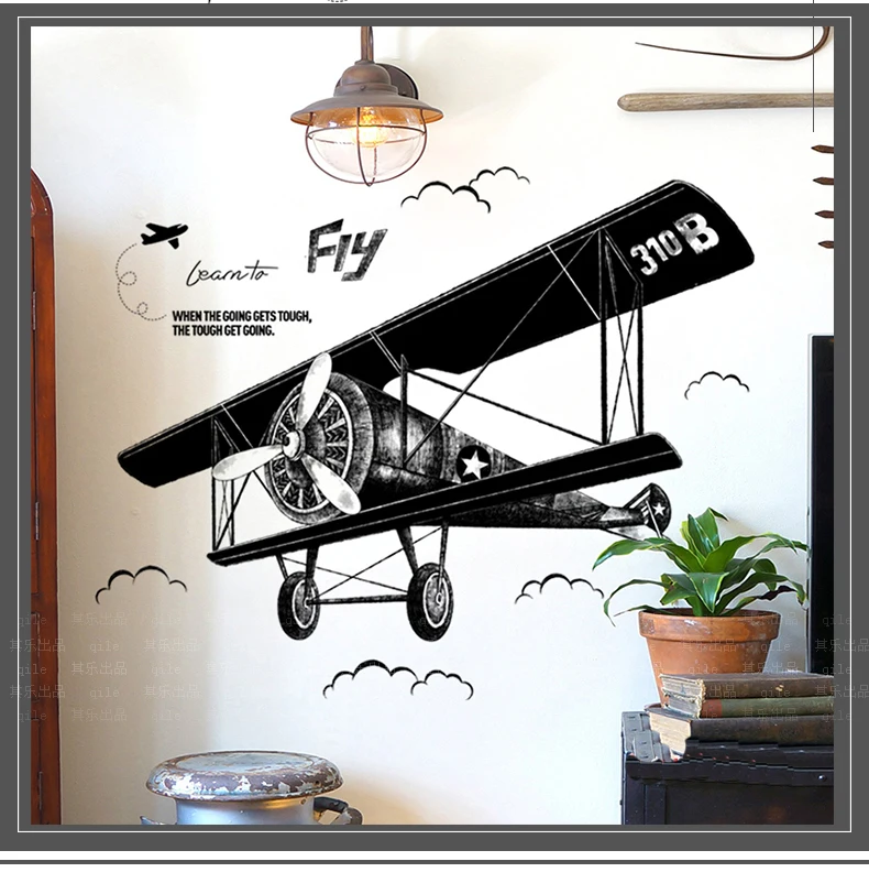 Vintage Hand-drawn AirplaneWall Stickers Removable Art Wall Home Decor PVC for Living Room Kids Room Bedroom Wallpaper