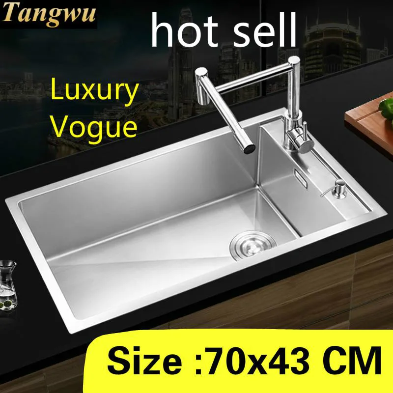 

Free shipping Apartment big kitchen manual sink single trough durable 304 stainless steel standard hot sell 70x43 CM