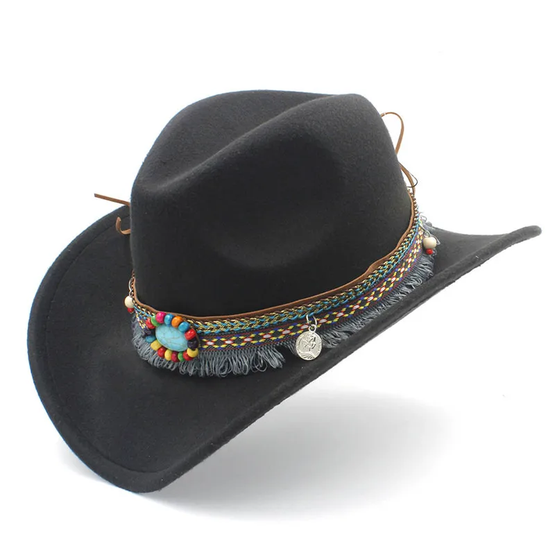 Fashion Women's Wool Hollow Western Cowboy Tassel Belt  Elegant Lady  Jazz Cowgirl Jazz Toca Sombrero Cap Size 56-58CM