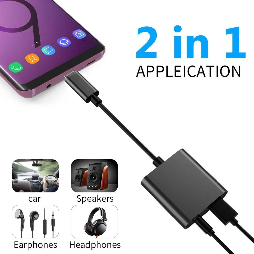 Type C to 3.5mm Adapter Audio Cable USB C Headset Adapter Two in One for iPad Pro Google HTC