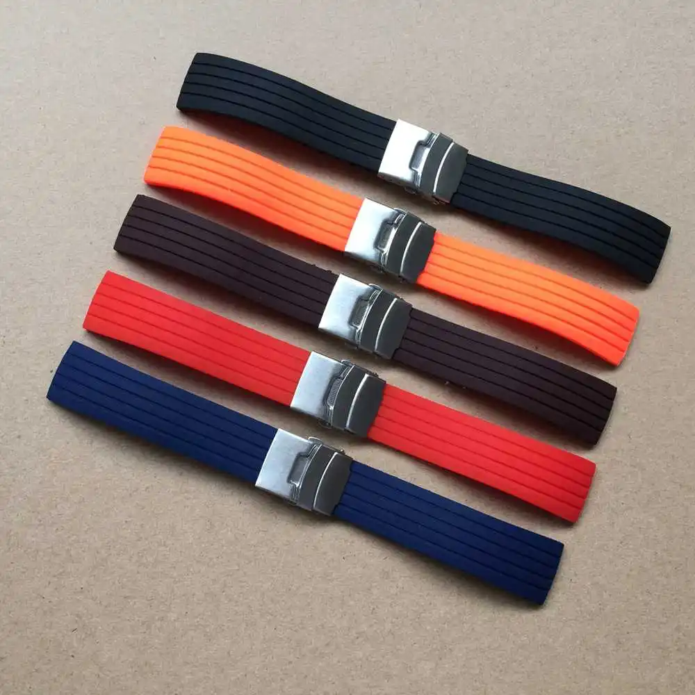 1pcs 16mm,18mm, 20mm, 22mm, 24mm 5 colors New Silicone Rubber Watch Strap Band Deployment Buckle Waterproof BLack Watchband