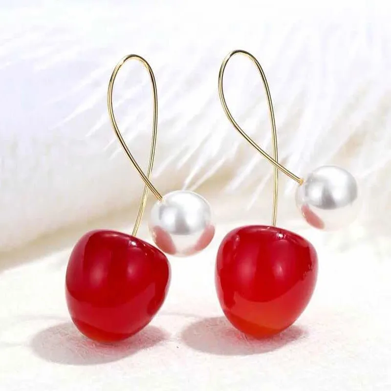 Cute Red Cherry Earrings for Women Fashion Fruit Dangle Earrings Bohemian Pearl Earrings For Women Drops Earrings Christmas Gift