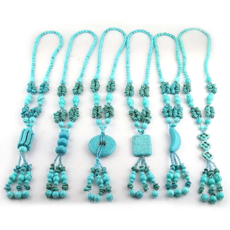 Fashion Bohemian Tribal Artisan Jewelry Blue Stones Round Circle Rectangle Moon Charm Bead Tassel Necklace 6 design available