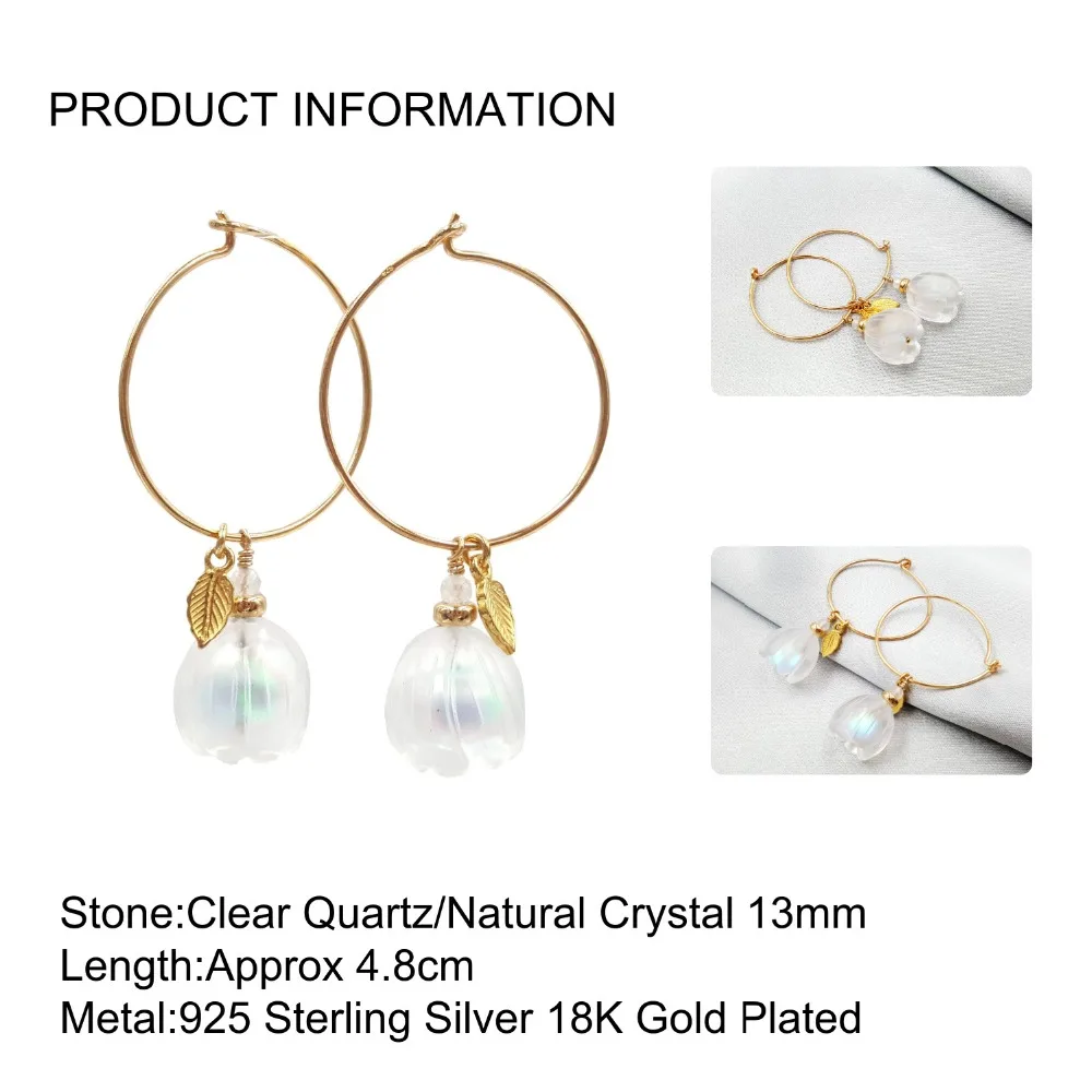 Lii Ji Natural Crystal/Clear Quartz Flower 925 Sterling Silver 18K Gold Plated Leaves Hoop Earrings Dropshipping