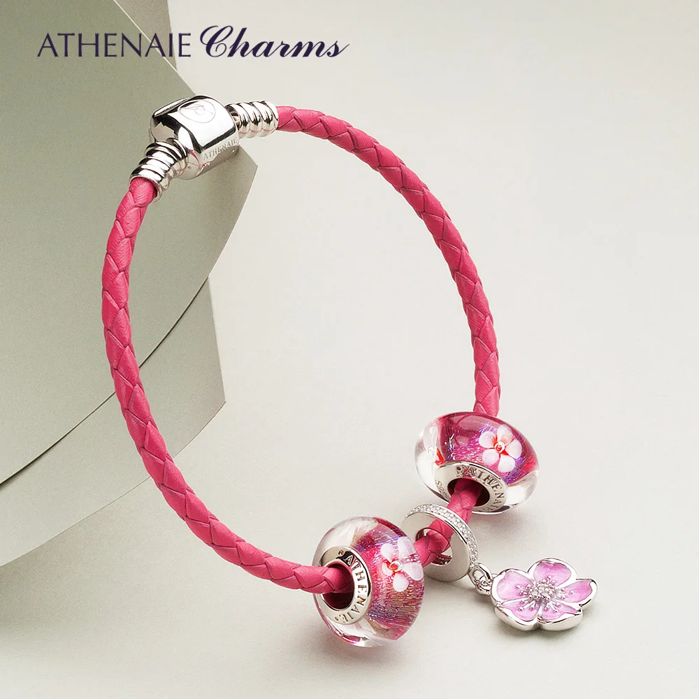 ATHENAIE  Flower Murano Glass Beads & Romantic Pink Enamel Plum Blossom Pendants Rose Red Leather Braided Braeclet for Girl Gift