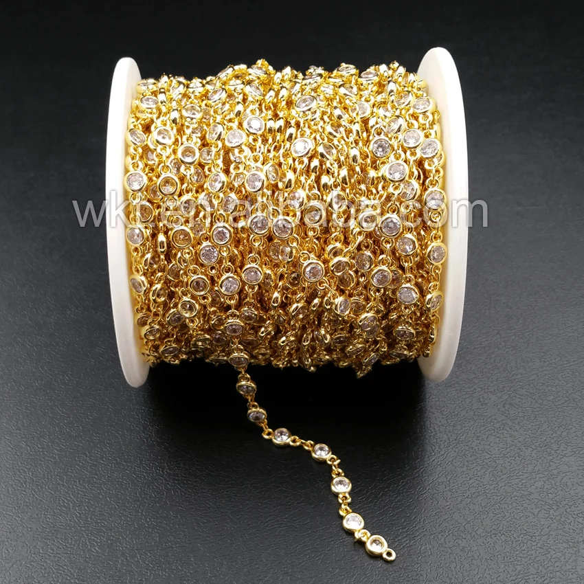 

WT-BC081 5m/lot Charm Crystal Beads Chain 24k Gold Strim Brass Chain high quality Gold Chain for Necklace DIY Making Material