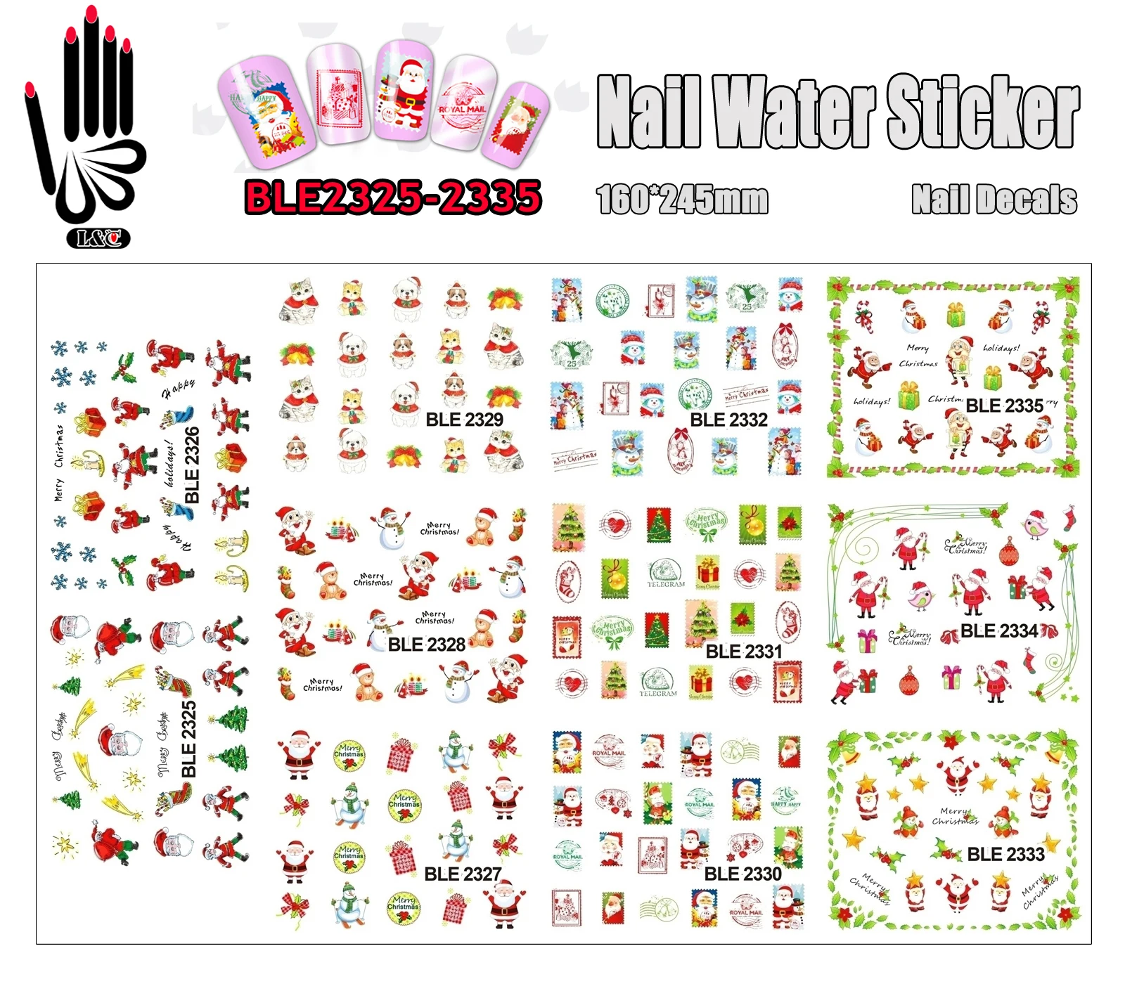 11 Sheets/Lot Xmas Water Nail Tattoo BLE2325-2335 Christmas Nail Art Water Sticker Decals for Nail Beauty(11 DESIGNS IN 1)