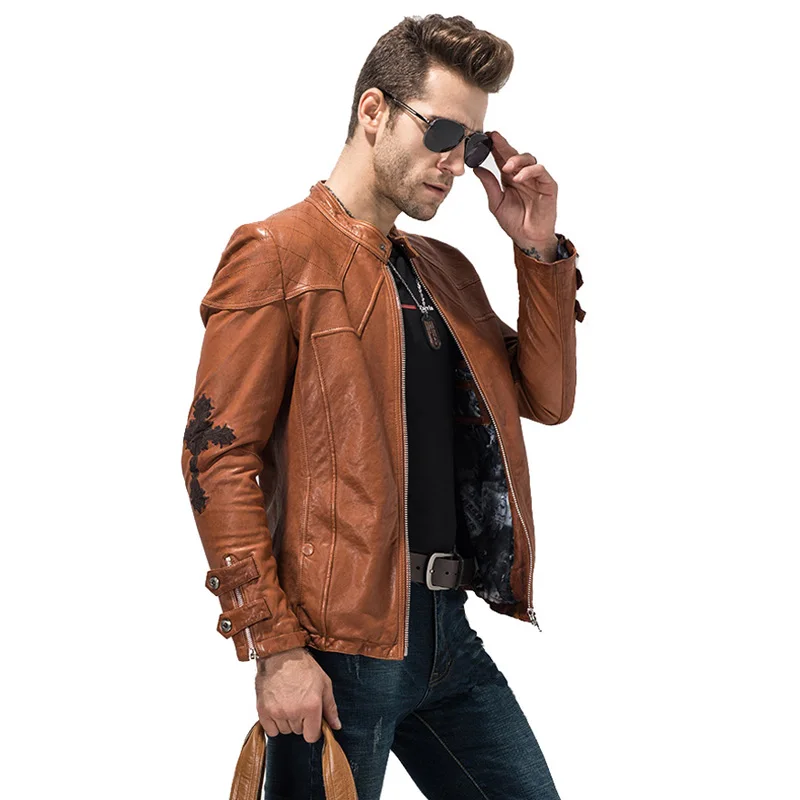 Denny&Dora Men's Genuine Leather Embroidery Motorcycle Jacket Slim Fit Real Goatskin Rider Outerwear Short Casual Jacket  TJ07