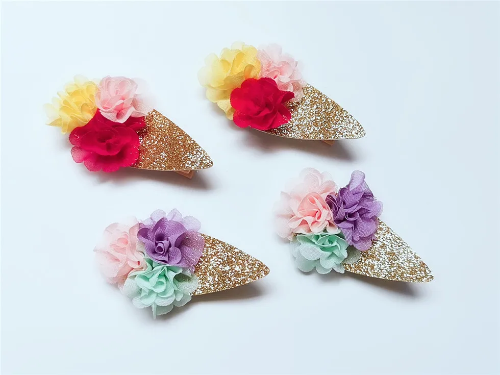 

Boutique ins 10pcs Fashion Cute Glitter Icecream Hairpins Solid Chiffon Floral Hair Clips Princess Headware Hair Accessories