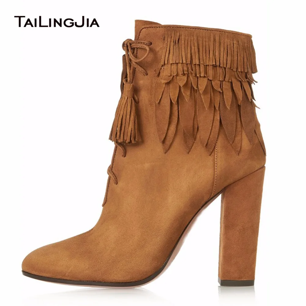 New Brown Retro Block Supper High Heel Woman Shoes With Beauty Tasseled Yellow Ankle Boots Ladies Fringe Winter Keep Warm Boots