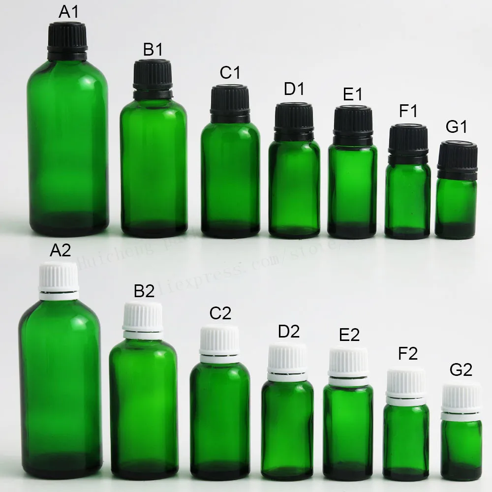 200 x 5ml 10ml 15ml 20ml 50ml 100ml Green Glass Container Bottles With Black White Tamper Evident Cap 1oz Cosmetic Packaging