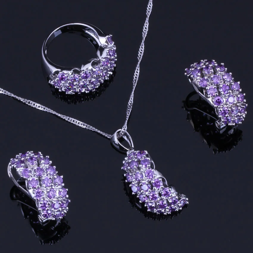 Captivating Purple Cubic Zirconia Silver Plated Jewelry Sets Earrings Pendant Chain Ring V0308