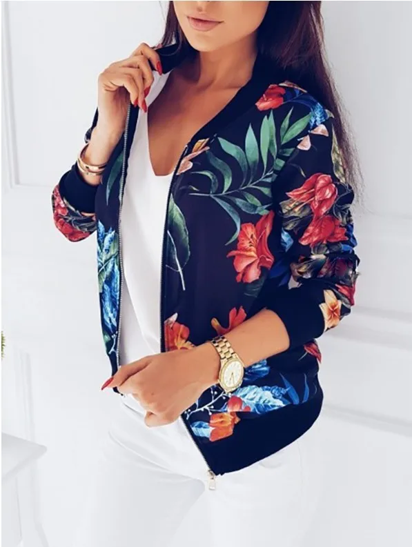 Gentillove Women Autumn Retro Floral Print Zipper Short Casual Jacket Long Sleeve Outwear Basic Jacket Bombe Famale Oversized