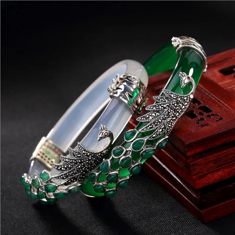 Uglyless Real 925 Sterling Silver Bangles for Women Thai Silver Animal Chalcedony Peacock Bangles Jade Creative Bracelet Jewelry