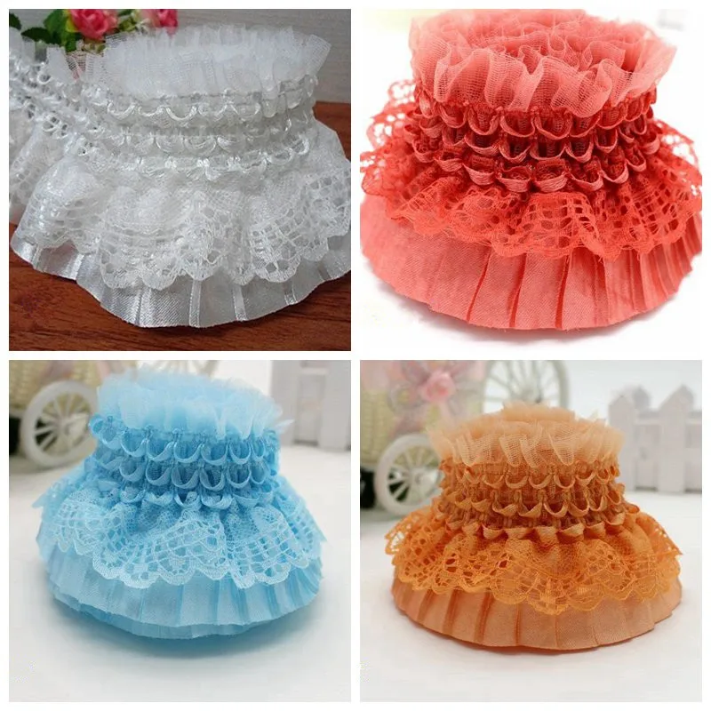 6 meters/lot Multicolor 8cm Wide Double Ruffle Elastic Lace Trim Garment Elastic Fabric Wedding Dress DIY Accessories Plait Lace