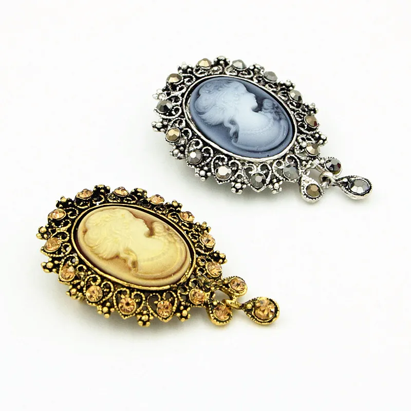 

Antique Stylish Fashion Lady Cameo Brooch Hot Selling Diamante Pendent Dangle Brooch Pin For Women