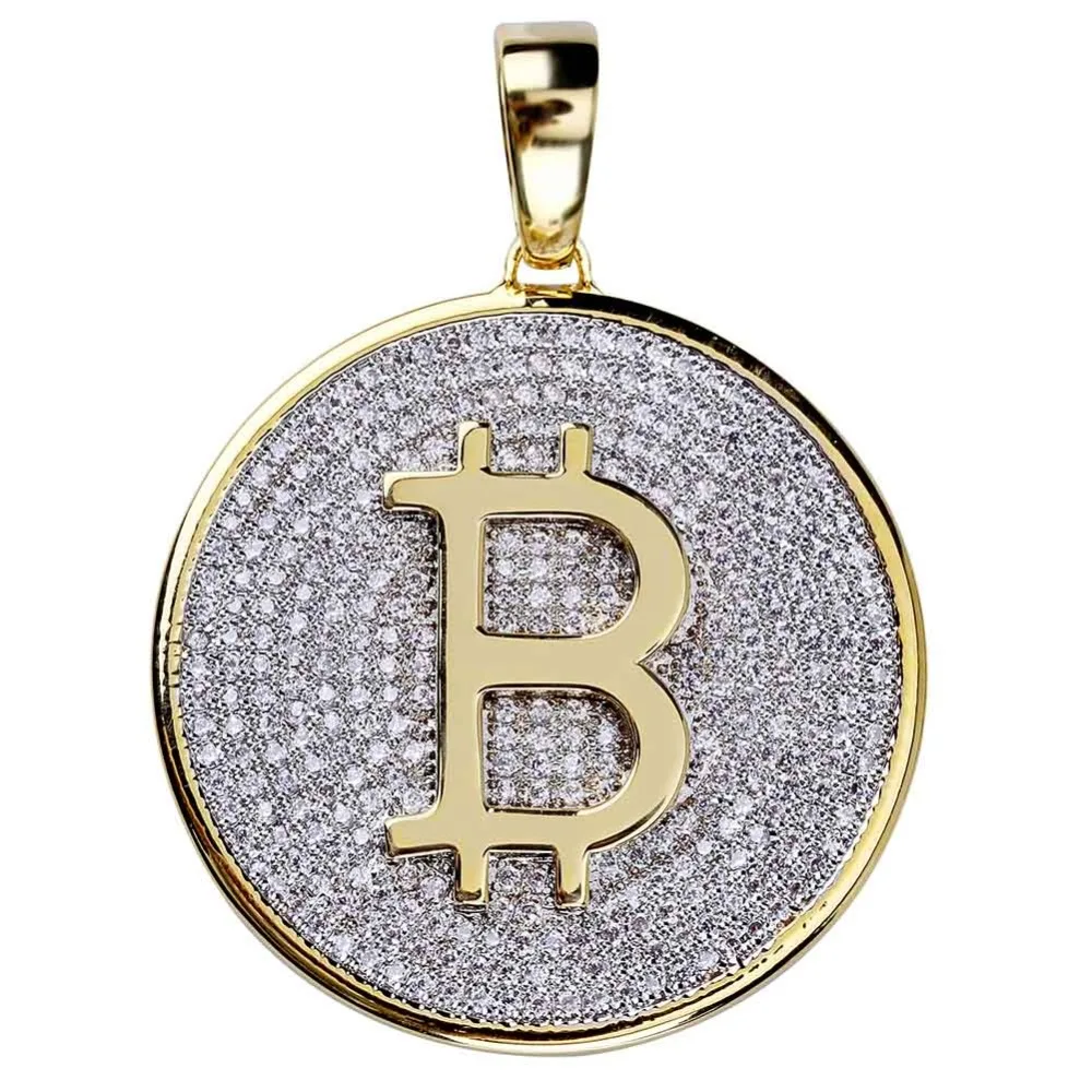 TOPGRILLZ Gold Color Iced Out Round Micro Pave Full Cubic Zircon Big Bitcoin Pendant Necklace Charm For Men Women HipHop Jewelry