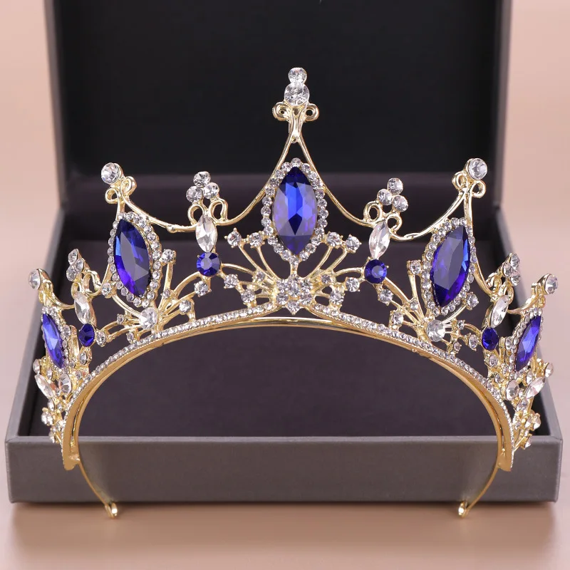 FORSEVEN Retro Baroque Blue Color Crystal Princess Pageant Diadem Tiaras Crowns Women Bridal Bride Noiva Wedding Hair Jewelry