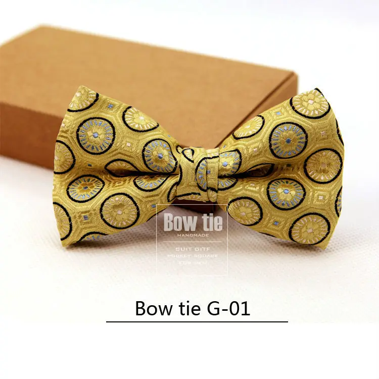 

Free Shipping Geometric Pattern Yellow Gold Black Tuxedo Bow Tie Pre-tied Silk Mens Wedding Party Bow Ties Adjustable For Men