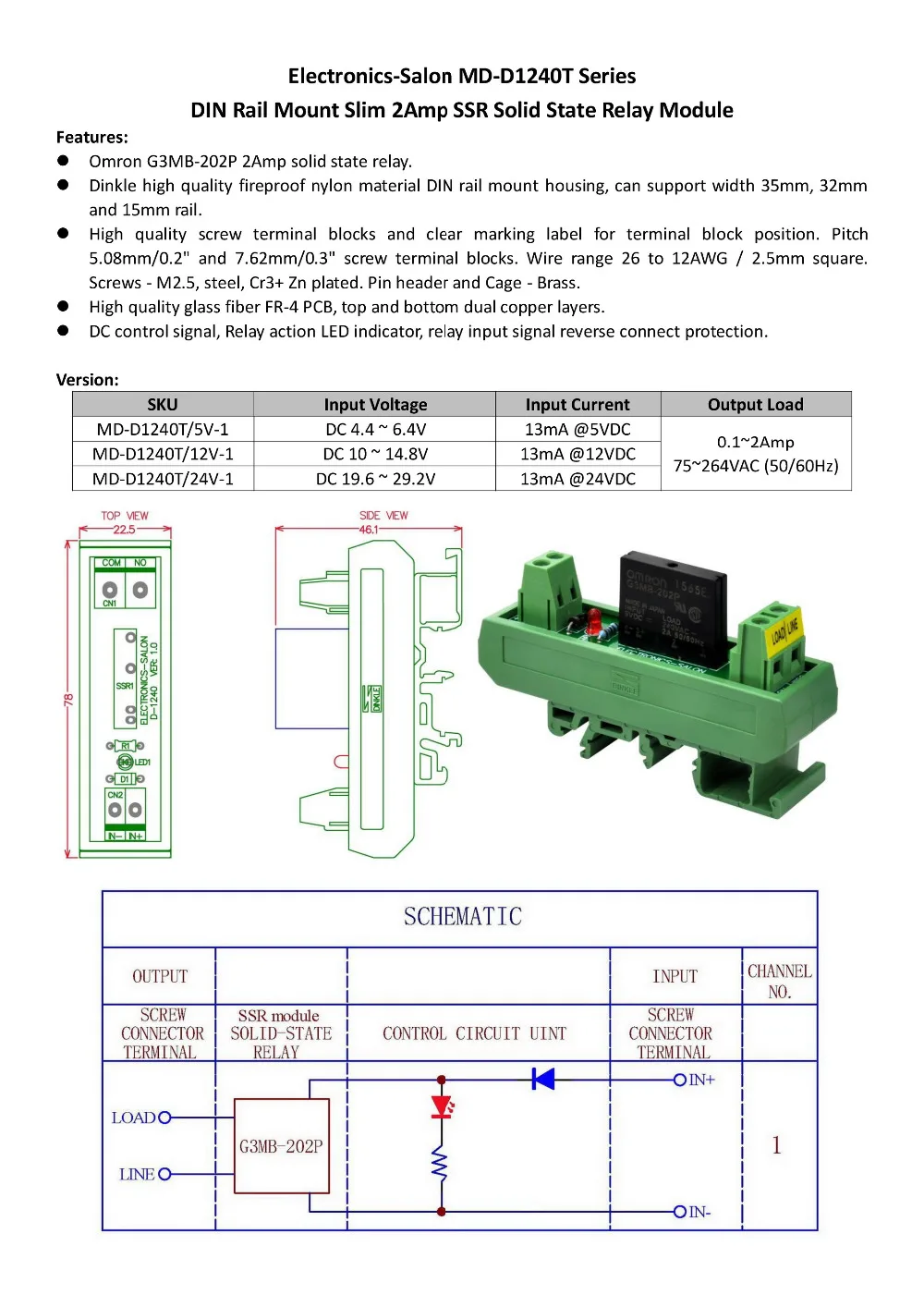 Electronics-Salon DC 5V Slim DIN Rail Mount 2Amp AC Solid State Relay Interface Module, G3MB-202P 5VDC.