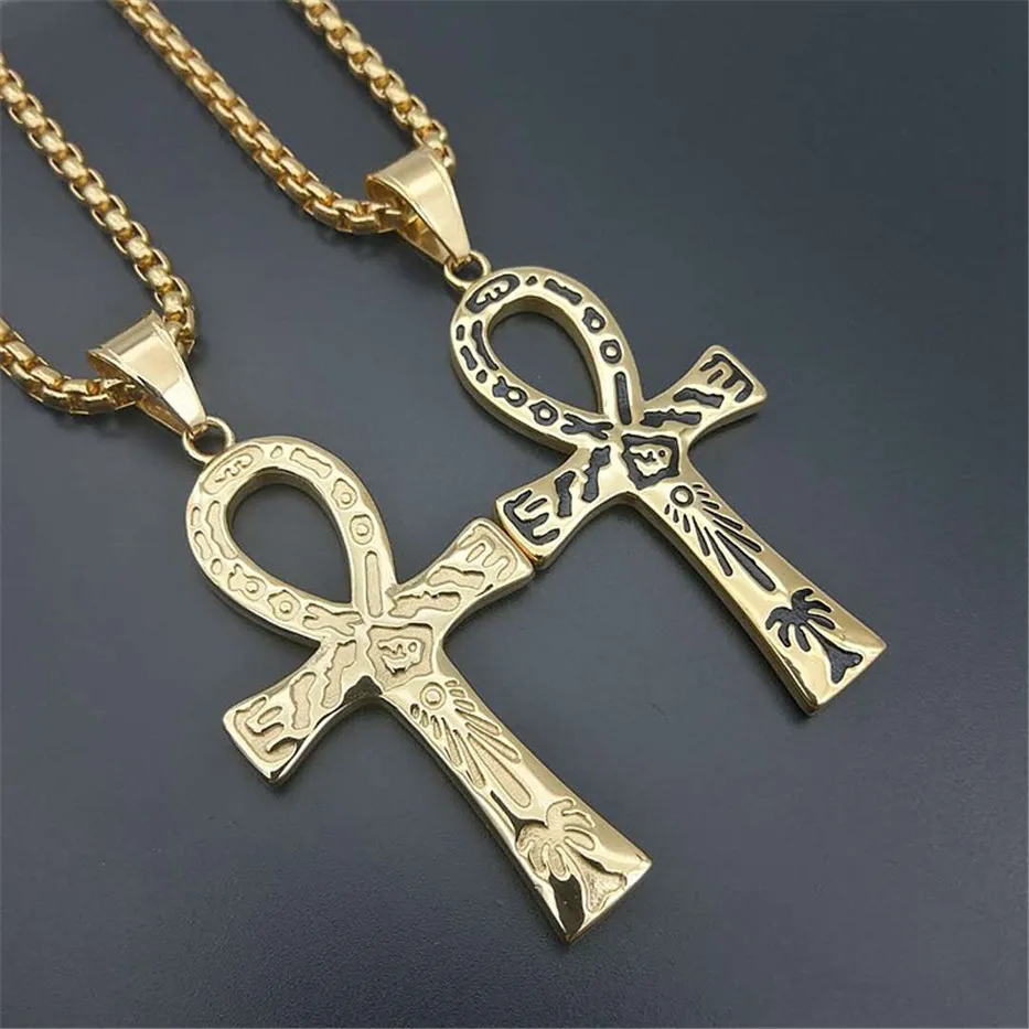 Egyptian Ankh Cross Charm Pendant Necklace For Men The Key of the Nile Gold Color Stainless Steel Egypt Jewelry