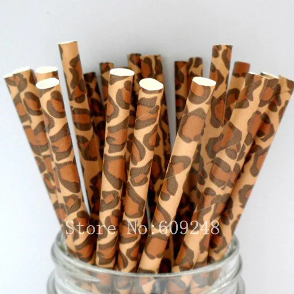 

100 Pcs Leopard Print Paper Straws,Vintage Brown Animal Safari Jungle Zoo Kids Birthday Party,Colored Pattern Mason Jar Straws