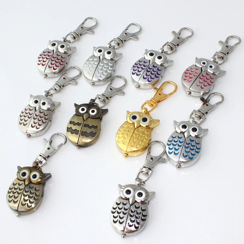 10 pcs/Lot, campuran Logam Jam Tangan Menonton Colorful OWL Quartz Pendant Pocket Gantungan kunci Rantai Keyring Menonton Jam Tangan Fashion GL03K