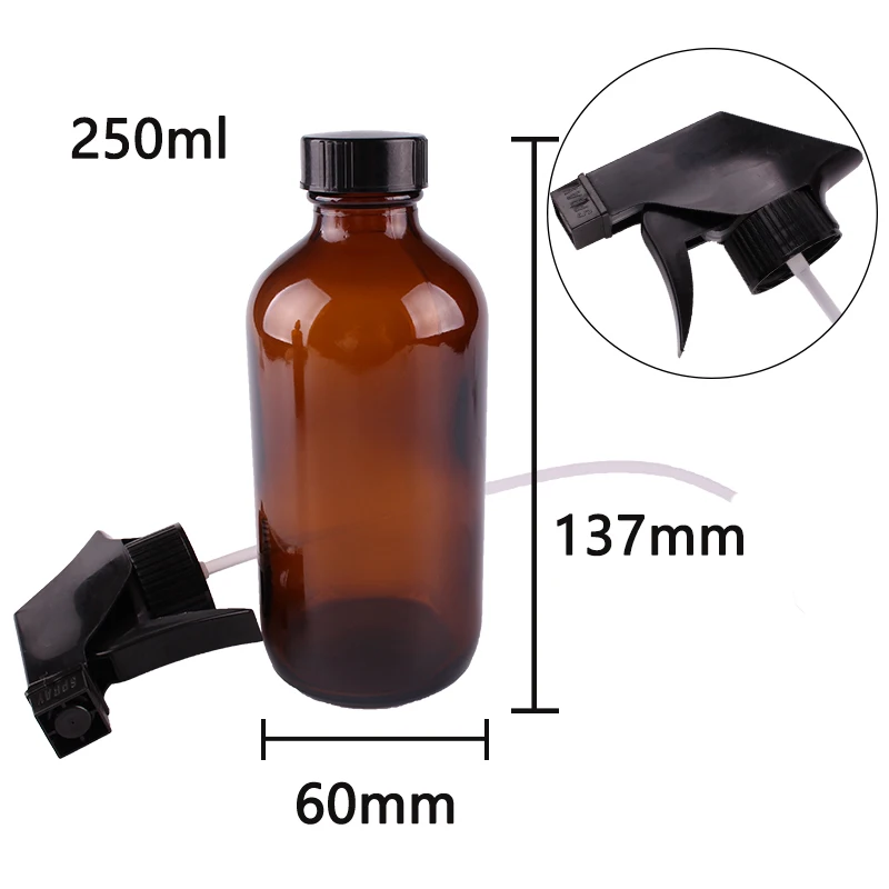 2pcs 250ml 8OZ Amber Glass Spray Stream Bottle w/ black trigger sprayer cap for essential oil empty cosmetic containers cleaning