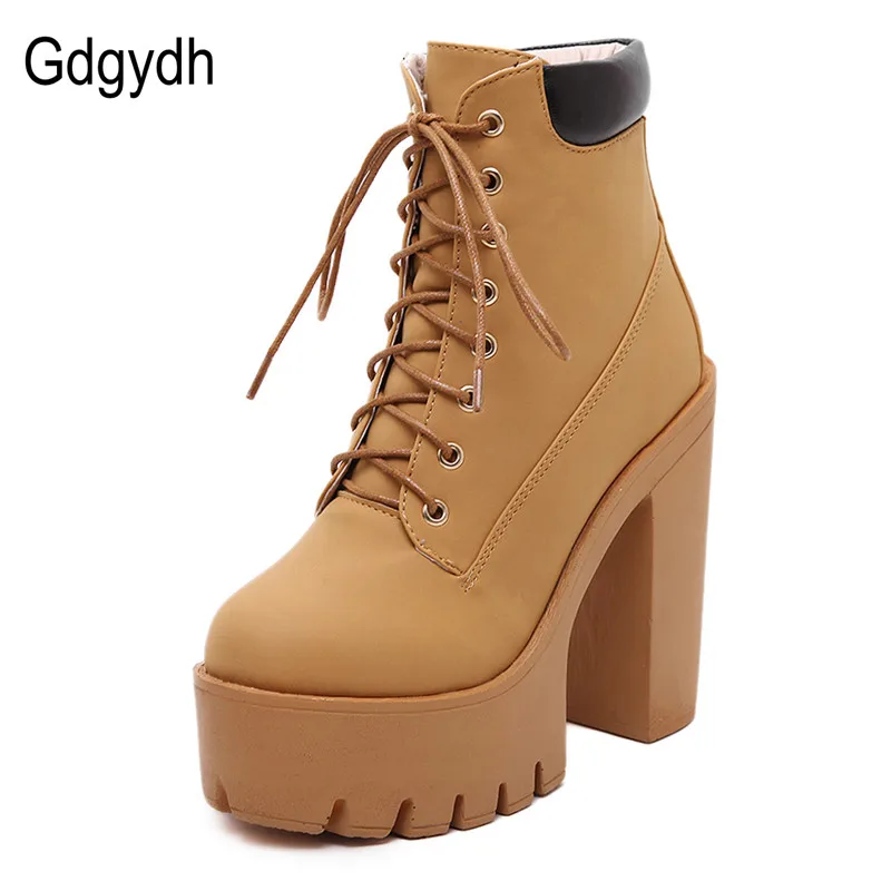 Gdgydh Fashion Spring Autumn Platform Ankle Boots Women Lace Up Thick Heel Platform Boots Women\'s Chunky Heeled Short Boots