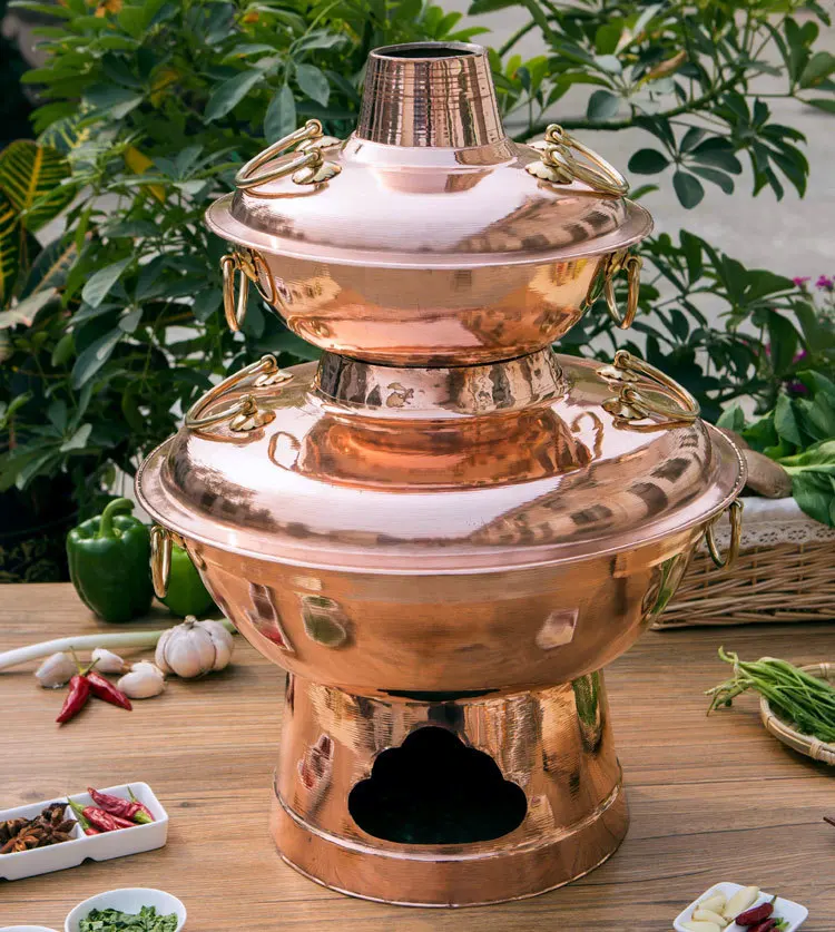 36cm China double layers copper hot pot thickened Mongolian Chinese Sichuan charcoal copper fondue soup pot Donglaishun