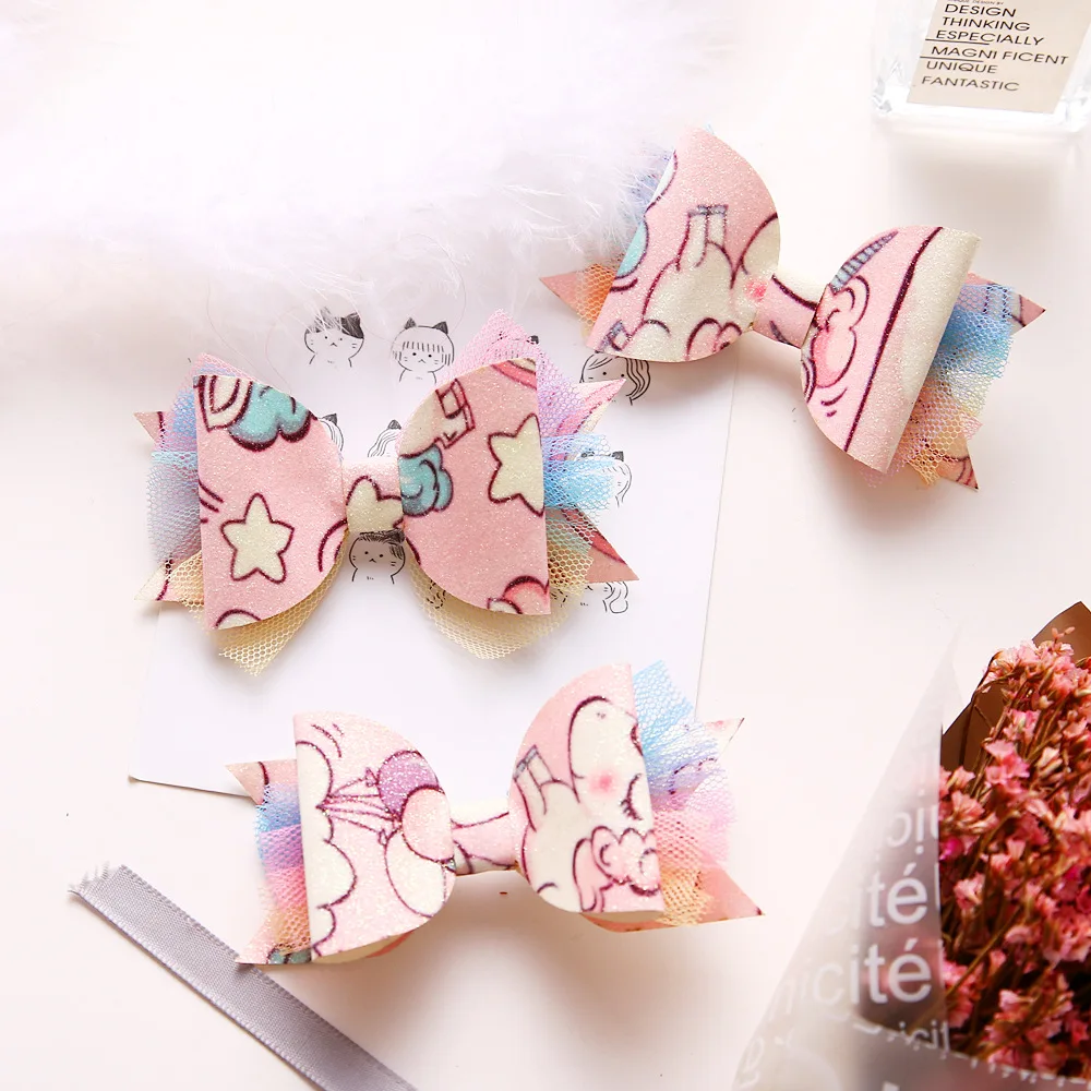 Boutique ins 15pcs Fashion Glitter Cute Unicorn Bowknot Hairpins Rainbow Mesh Bow Hair Clips Princess Headwear Hair Accessories