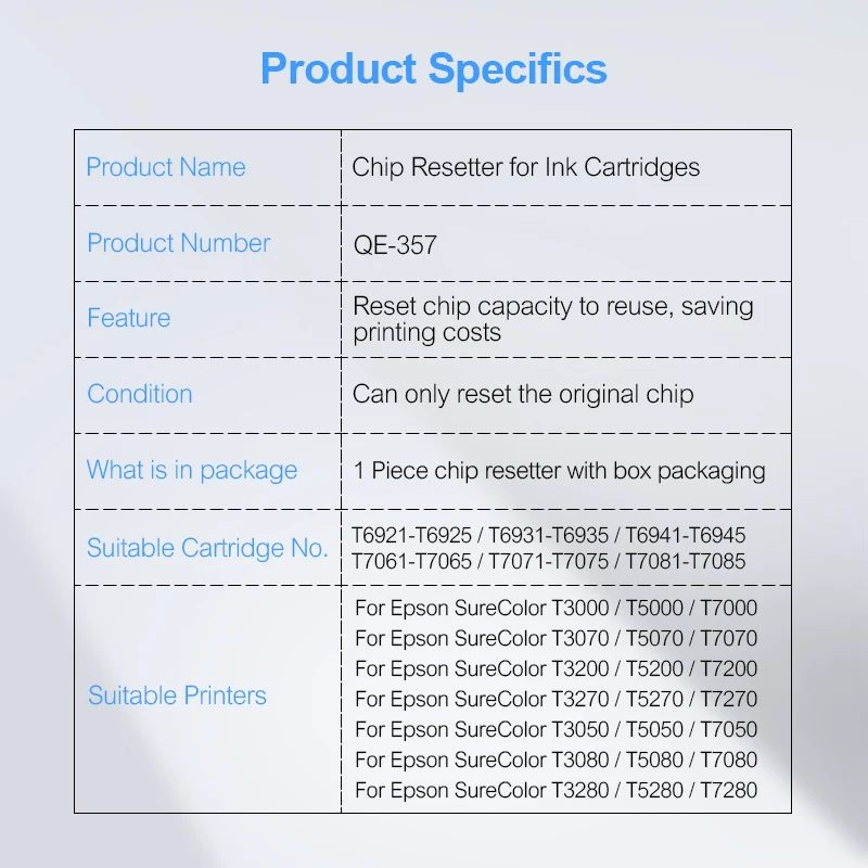 For Epson SureColor T3000 T5000 T7000 T3200 T5200 T7200 T3270 T5270 T7270 Cartridge Chip Resetter Яблочный чип Restore QE-357