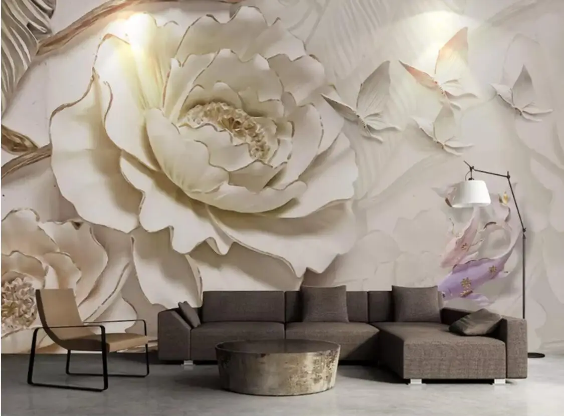 

Embossed Peony Flower Carp Wall Mural Wallpaper Painting 3D Wall Paper Rolls Art Wall Decor Photo Floral Fish Wallpapers Custom