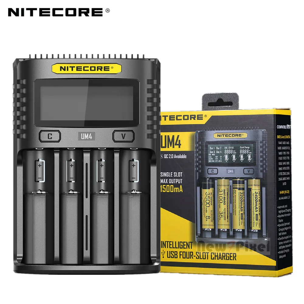 Nitecore UM4 USB four-slot QC C4 VC4 LCD Smart Charger IMR INR ICR li-ion AA 18650 14500 16340 26650 Charger 3.7 1.2V 1.5V