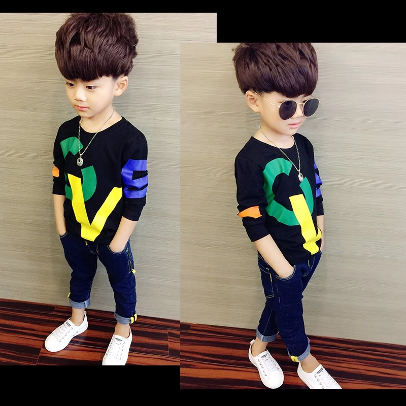 COOTELILI 90-150cm Black T-Shirt Children Tops Letter Kids Clothes Long Sleeve T Shirt Toddler Boys Spring Clothing Costume