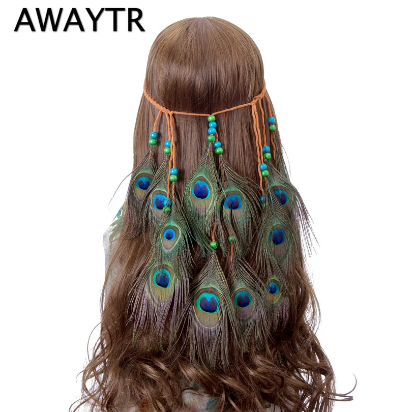 Feather Headband AWAYTR Hair Accessories 2021Festival Women Hippie Adjustable Headdress Boho Peacock Feather Hair Band