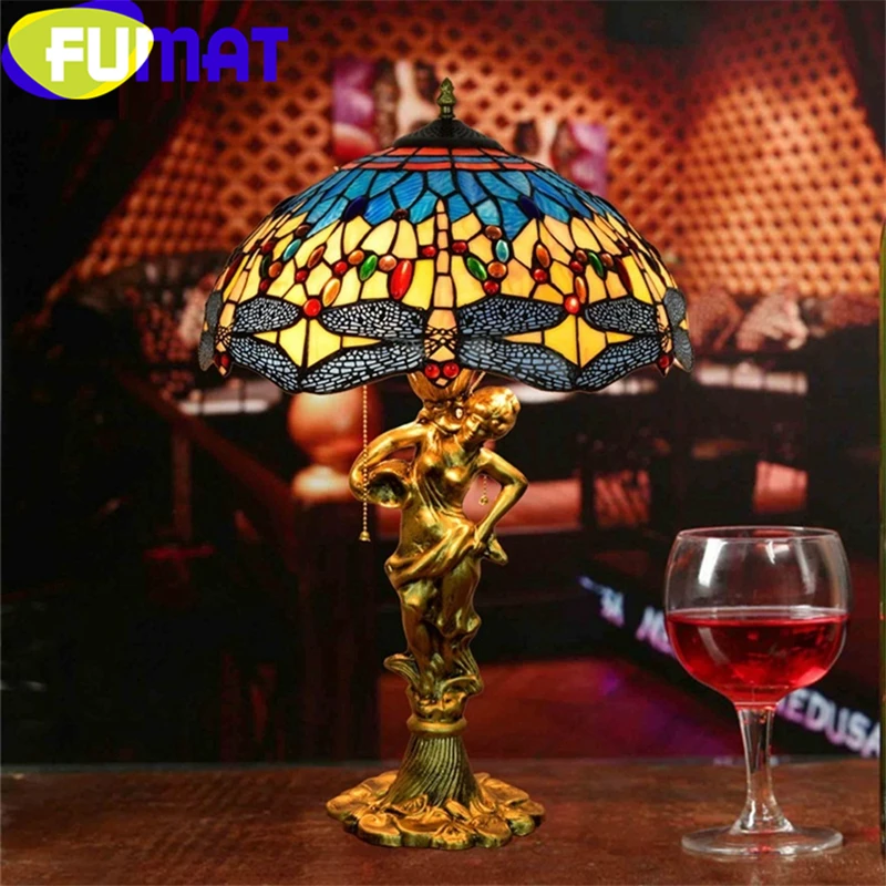 

FUMAT Tiffany Table Lamps European Barock Style Stained Glass Desk Lamp Alloy Jewel Dragonfly Goddess LED E27 Luxury Table Light