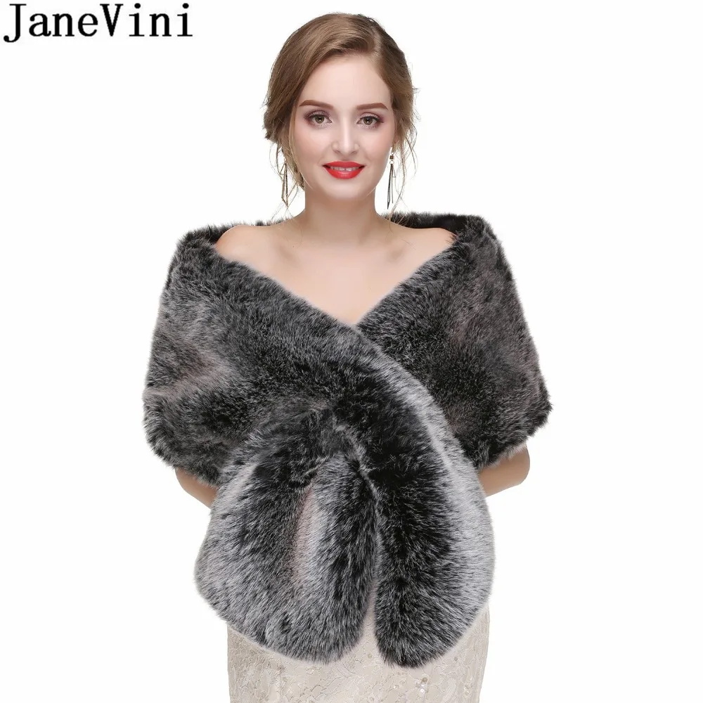 

JaneVini Elegant Winter Warm Bridal Boleros Silver Black Faux Fur Shawl and Wrap 2019 Fashion Fur Wedding Capes Coat for Women