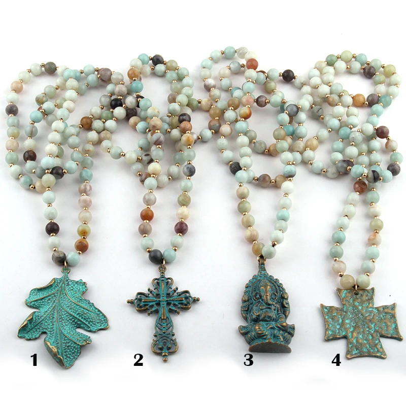 Free Shipping Fashion Amazonite Stone Bead Metal Blue leaf Pendant Necklaces