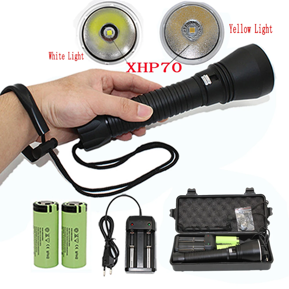 Scuba diving flashlight  XHP70 LED waterproof flashlight dive light 4000LM Lamp light 26650 Torch + 26650 battery + Charger