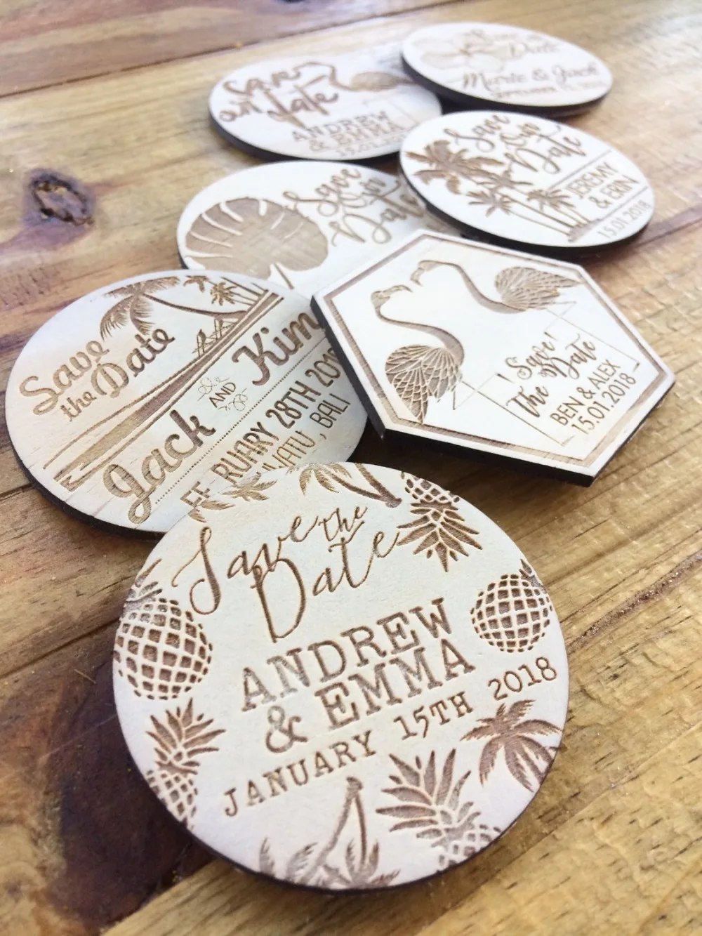 

Save the date magnets,Wooden magnets,wedding favors magnets,wedding invitations, wood gifts,Rustic Wood etched -Tropical Design