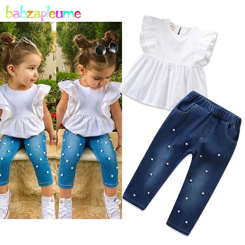 

2PCS Sets Summer Outfit Toddler Girl Clothes Korean Fashion White Sleeveless Cotton Tops+Jeans Children Boutique Clothing BC1826