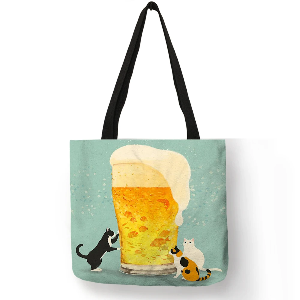 Cartoon Printed Shoulder Bag Adorable Cat Beer Yellow Printing Hand Bags Eco Linen Shopping Travel Beach Casual Tote Bag