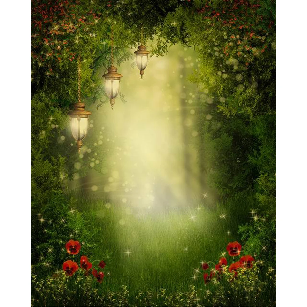 

Fairy Tale Forest Photo Backdrop Printed Trees Red Flowers Retro Vintage Genie Lamps Bokeh Light Kids Photography Backgrounds