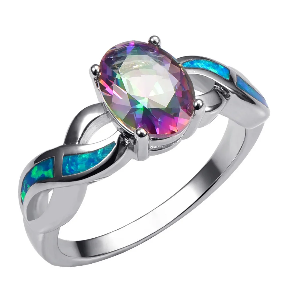 

Rose Rainbow Crystal ZirconWith Blue Fire Opal 925 Sterling Silver Ring Beautiful Jewelry Size 6 7 8 9 10 R1425